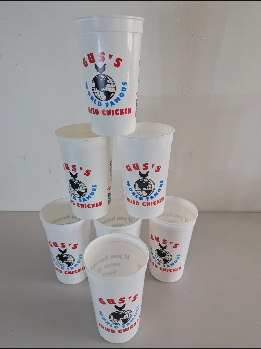 Gus’s World Famous Fried Chicken Plastic Cups White Reusable - Set of 7